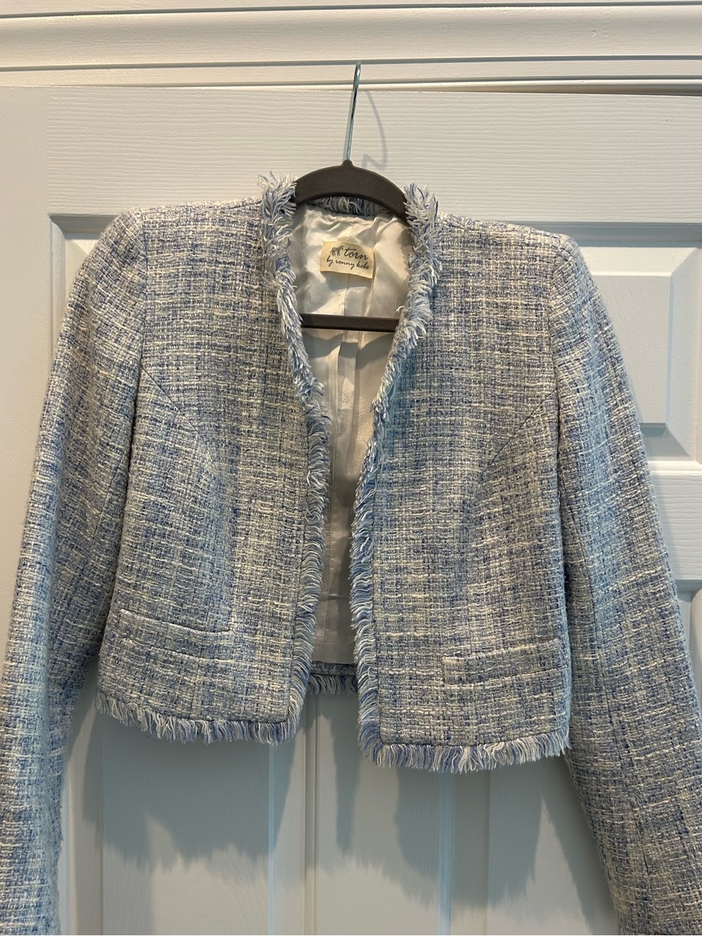 Archival piece - Torn by Ronny Kobo Light Blue Tweed Fringe Crop Jacket size XS